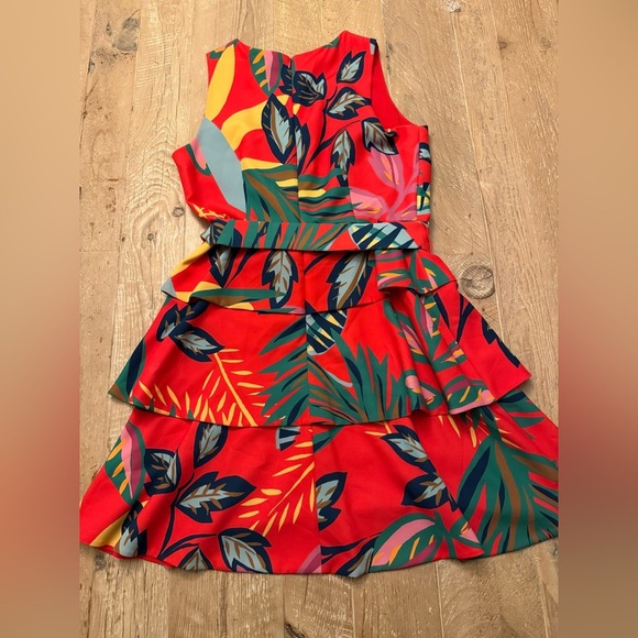 Alex Marie Bold Red Tropical Dress Sleeveless Belted Ruffle 10 - Picture 8 of 8